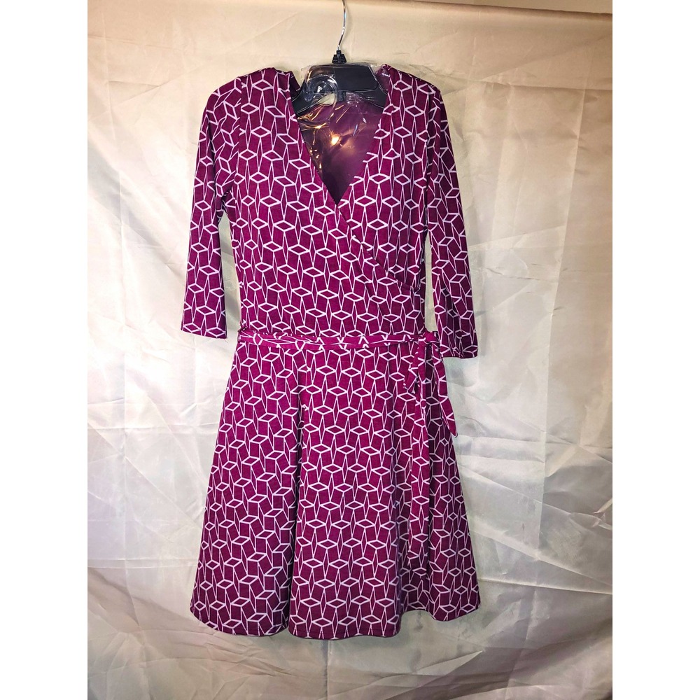 41 Hawthorn Purple White Geometric Knit Stretch 3/4 Sleeve Knee Dress S
